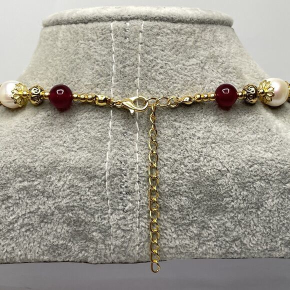 Stunning Green Red Gemstone Freshwater Pearl Beaded Necklace Gold Plated 23" - Picture 5 of 9
